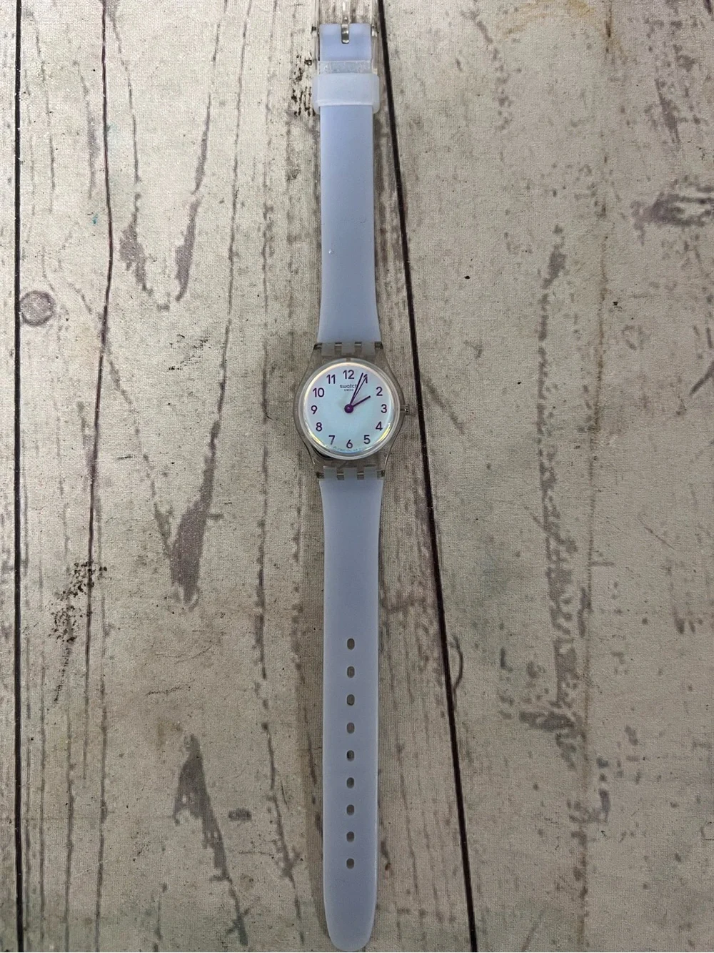 Swatch Casual Light Blue LK396 Women Quartz Watch Clear Case Dial NEEDS BATTERY